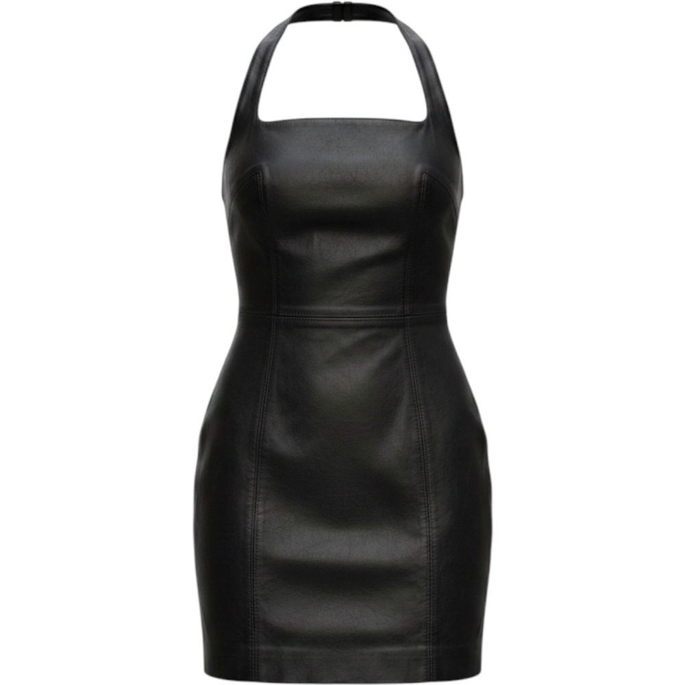 Vintage Black Leather Halter Mini Dress Square Neck Back Zip Edgy Goth Punk S